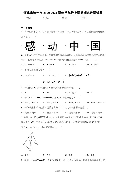 河北省沧州市2020-2021学年八年级上学期期末数学试题(word版 含答案)