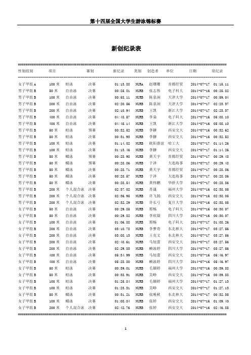 第十四届全国大学生游泳锦标赛甲组成绩册