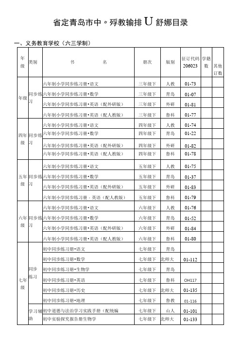 省定青岛市中小学教辅材料推荐选用目录义务教育学校六三学制