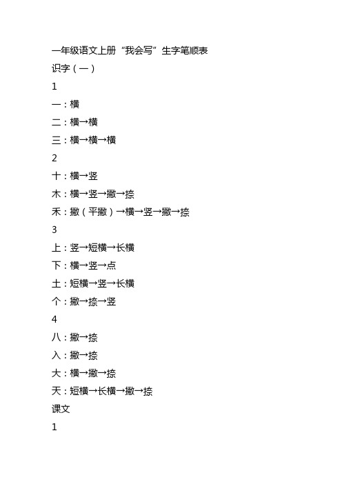 一年级语文上册“我会写”生字笔顺表