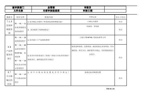 品管部最新内审核检查表GBT19001：2016