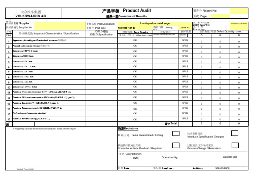 大众汽车产品审核记录表范例