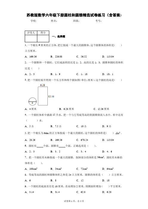 苏教版数学六年级下册圆柱和圆锥精选试卷练习(含答案)2