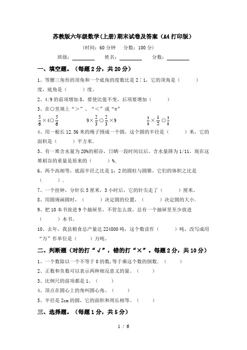 苏教版六年级数学(上册)期末试卷及答案(A4打印版)