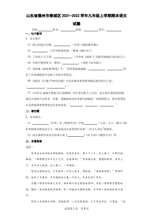 山东省德州市陵城区2021-2022学年九年级上学期期末语文试题(word版 含答案)