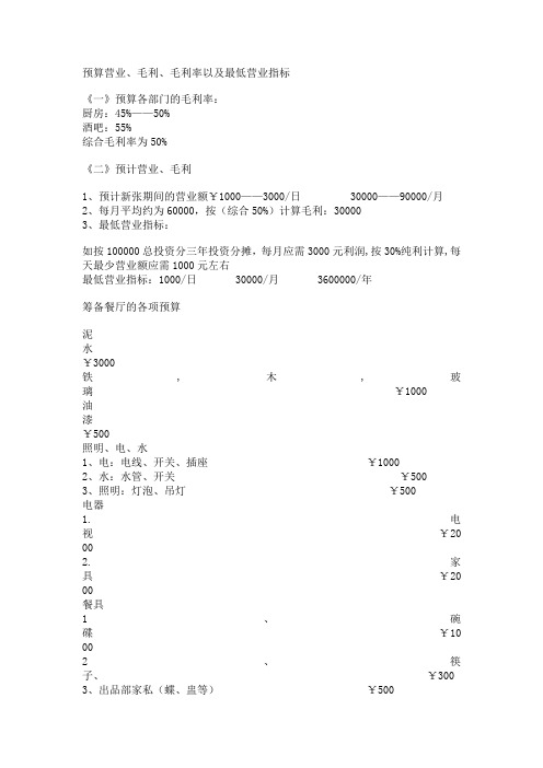 预算营业`毛利`毛利率以及最低营业指标