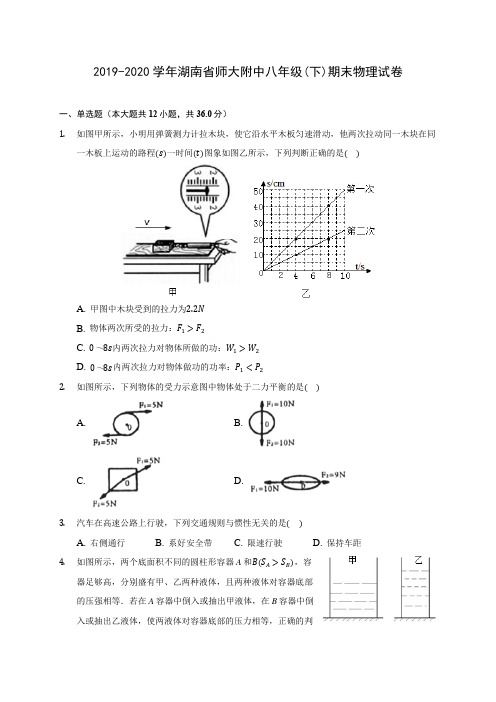 2019-2020学年湖南省师大附中八年级(下)期末物理试卷