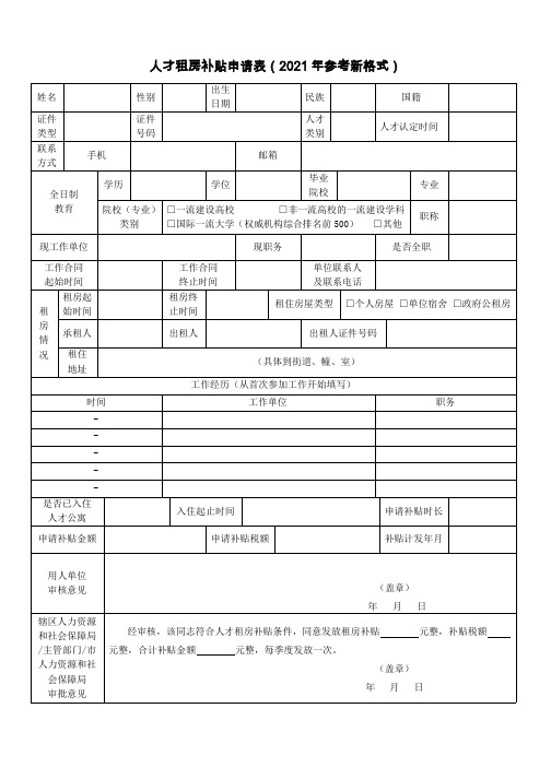 人才租房补贴申请表(2021年参考新格式)