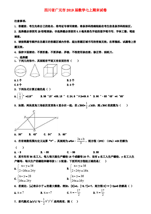 四川省广元市2019届数学七上期末试卷