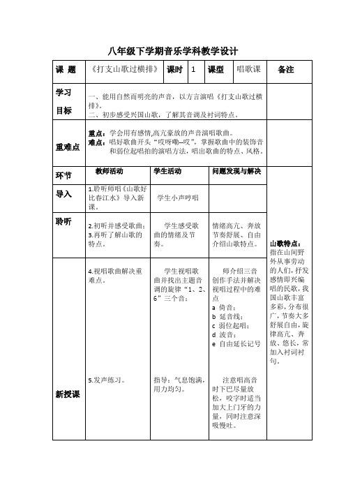 人音版八年级下册音乐《打支山歌过横排》(优课)教学设计