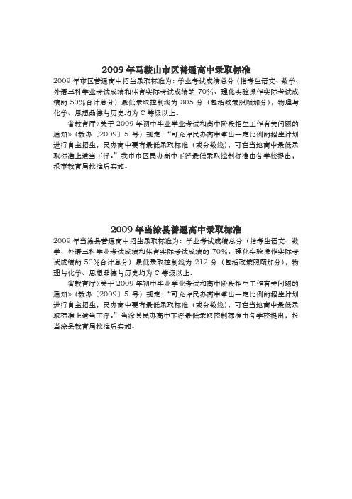 2009年马鞍山市区普通高中录取标准