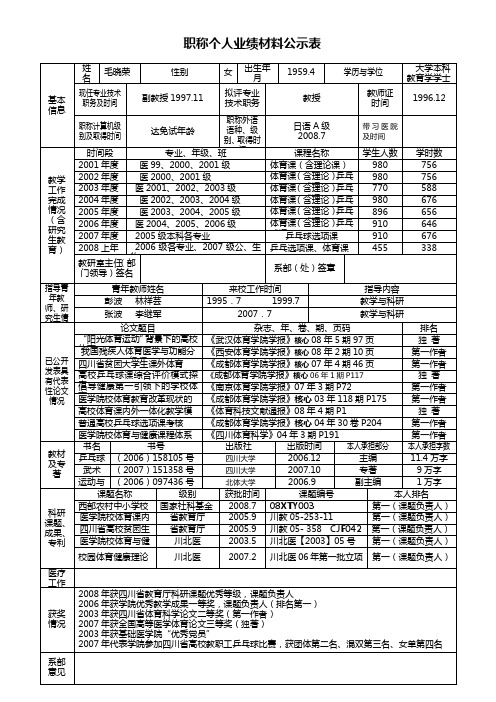 职称个人业绩材料公示表