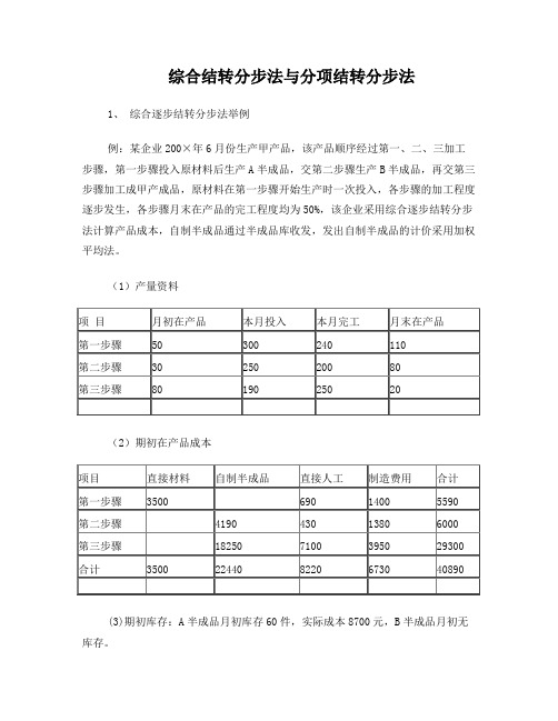 综合结转分步法与分项结转分步法例题