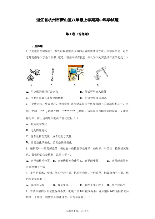 浙江省杭州市萧山区八年级上学期期中科学试题