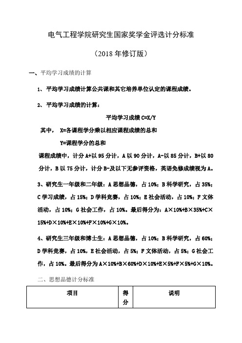 电气工程学院研究生国家奖学金评选计分标准