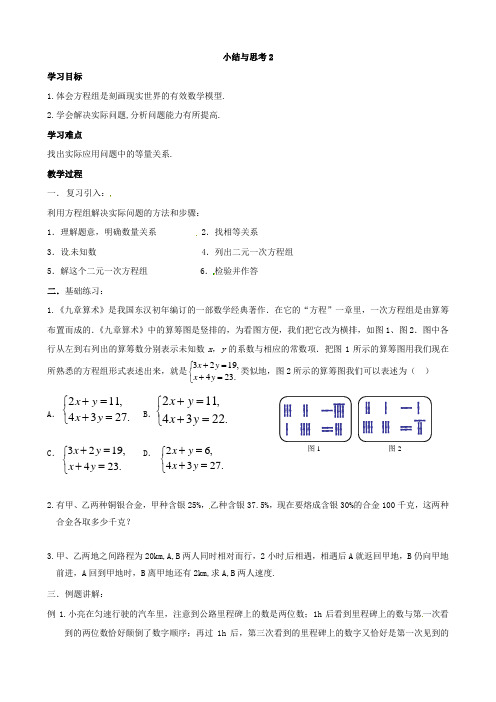 数学：江苏省徐州市第二十二中学第十章《二元一次方程》小结与思考(2)(苏科版七年级下)