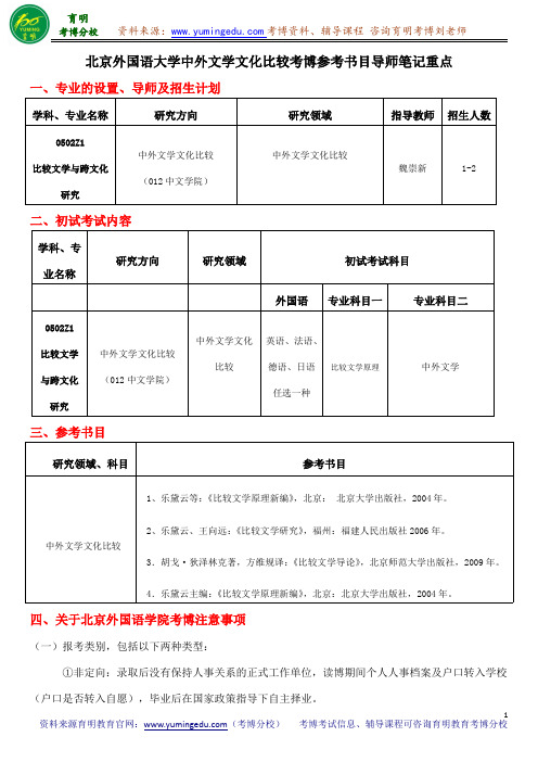 北京外国语大学中外文学文化比较考博参考书目导师笔记重点