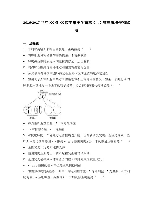 河北省石家庄市辛集中学2017届高三(上)第三阶段生物试卷(解析版)