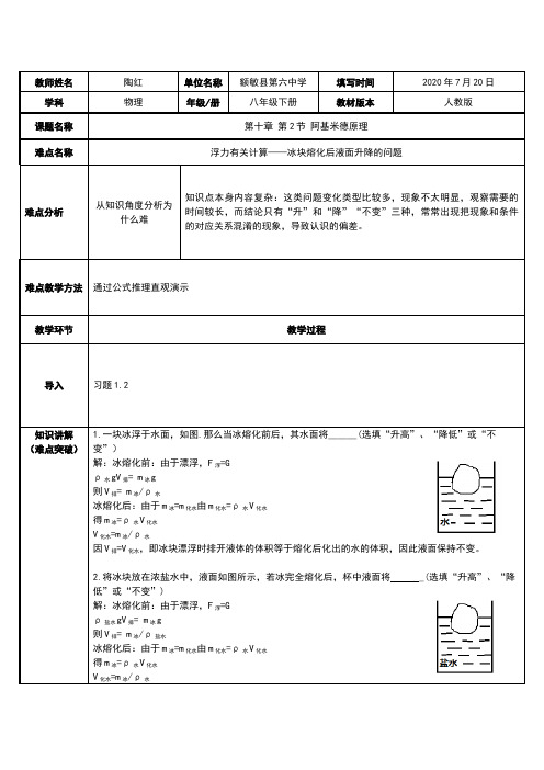 浮力——冰块熔化后液面升降的问题 初中八年级下册物理教案教学设计课后反思人教版