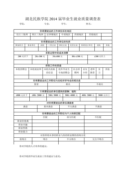 湖北民族学院毕业生就业质量调查表