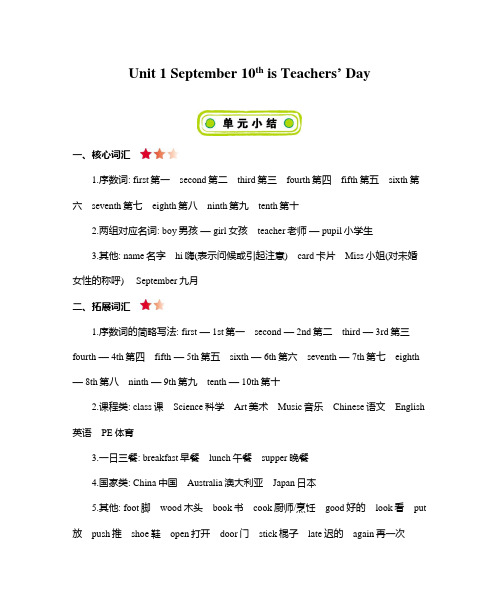 【精品】三年级上册英语素材-Unit 1 September 10th is Teachers’ Day知识清单北京课改版