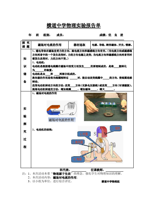 横道中学物理实验报告单：磁场对电流的作用