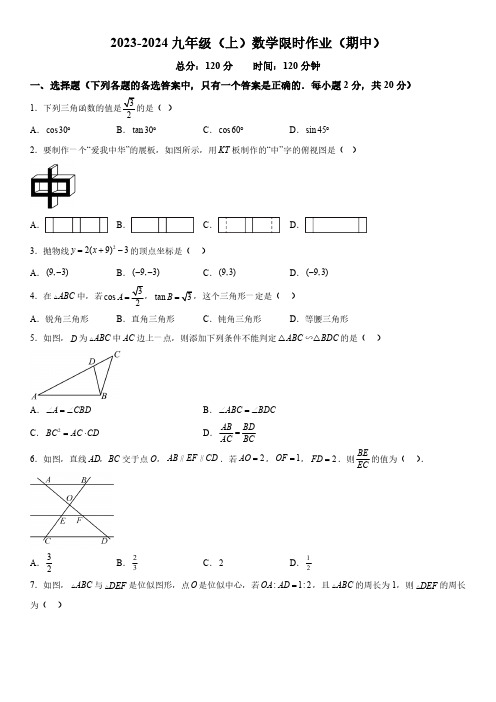 辽宁省沈阳市皇姑区第四十三中学2023-2024学年九年级上册期中数学试题(含解析)