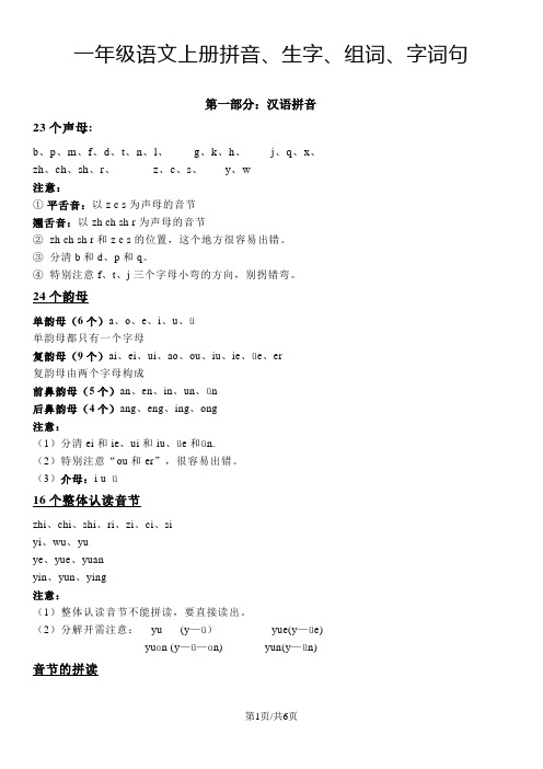 一年级上册语文素材拼音、生字、组词、字词句 人教(部编版)