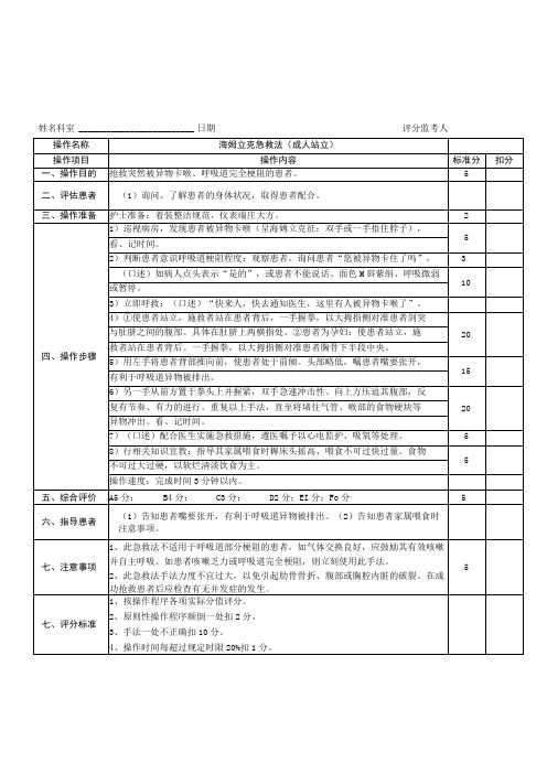 海姆立克急救操作考核评分标准