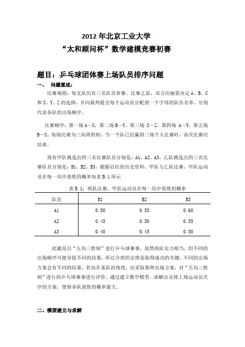 乒乓球团体赛上场队员排序问题