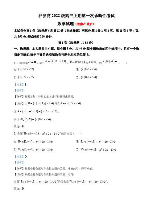 四川省泸州市泸县2025届高三上学期第一次诊断性考试(一模)数学试题含答案