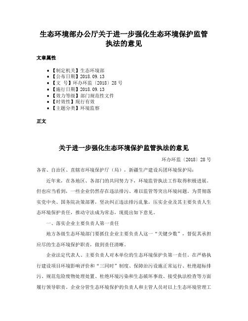 生态环境部办公厅关于进一步强化生态环境保护监管执法的意见