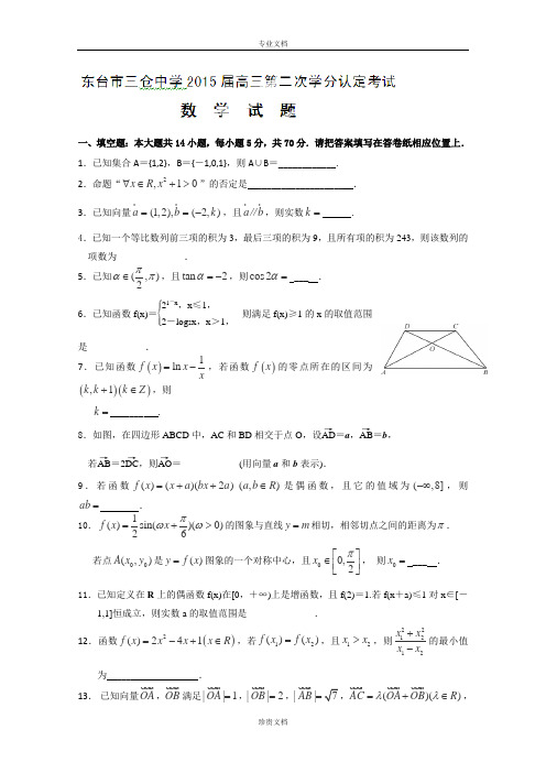 江苏省东台市三仓中学2015届高三12月月考数学试卷