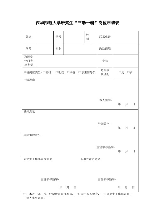 西华师范大学研究生三助一辅岗位申请表