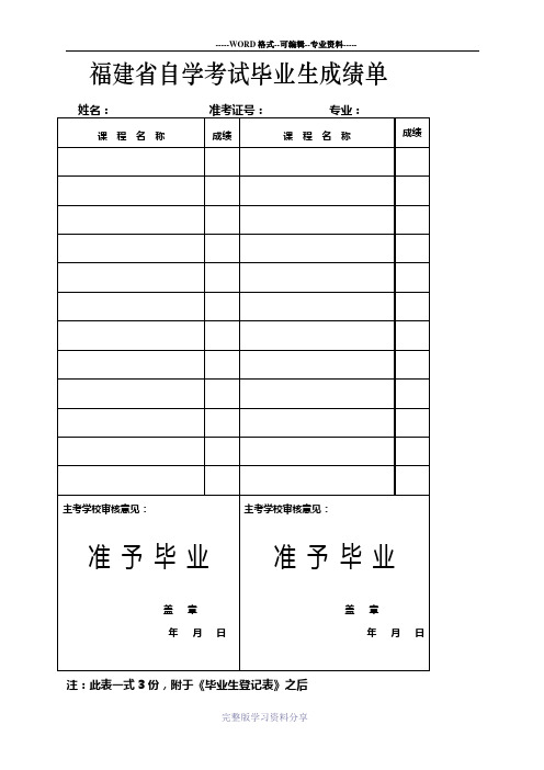 毕业生登记表(福建省高等教育自学考试)