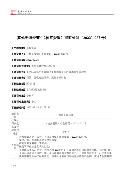 其他无照经营(（杭富委银）市监处罚〔2022〕027号)