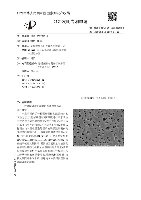 【CN109603592A】一种聚醚砜微孔滤膜的亲水改性方法【专利】