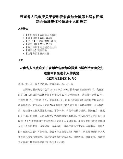 云南省人民政府关于表彰我省参加全国第七届农民运动会先进集体和先进个人的决定