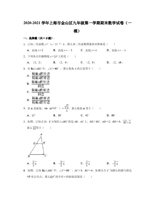 2021年上海市金山区九年级中考一模数学试卷(含解析)