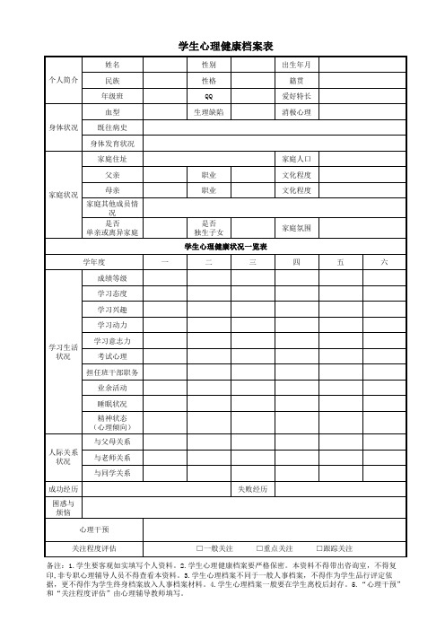 心理咨询室学生心理健康档案表