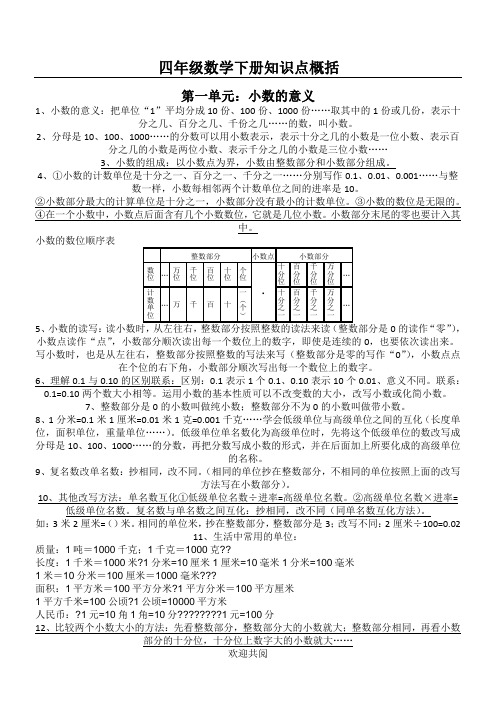 (完整版)北师大版四年级数学下册知识点归纳整理