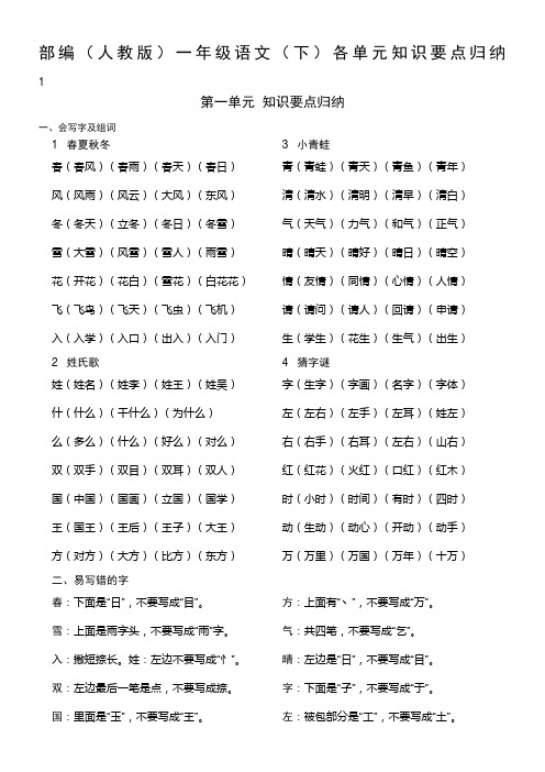 部编(人教版)一年级语文下册单元知识要点归纳-全册