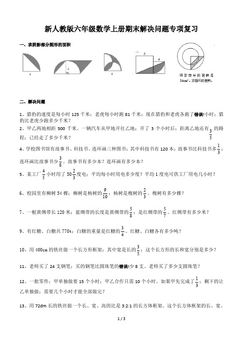 新人教版六年级数学上册期末解决问题专项复习