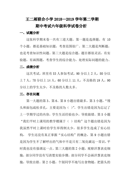 六年级一班科学试卷分析  李金然