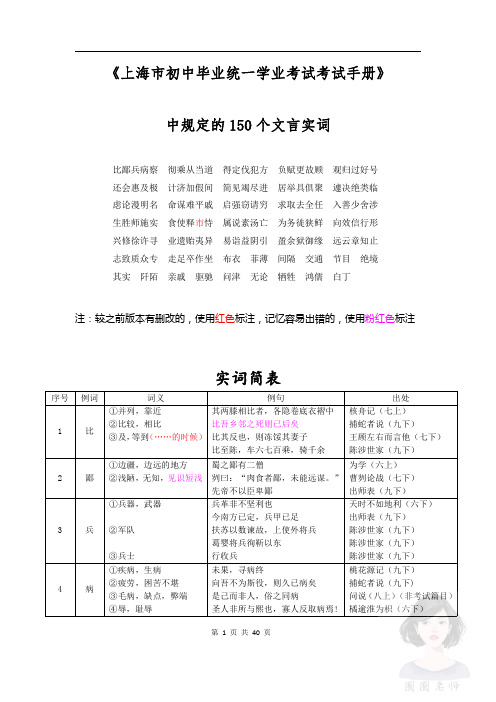 上海中考《考试手册》中规定的150文言实词(150词)【精校版】