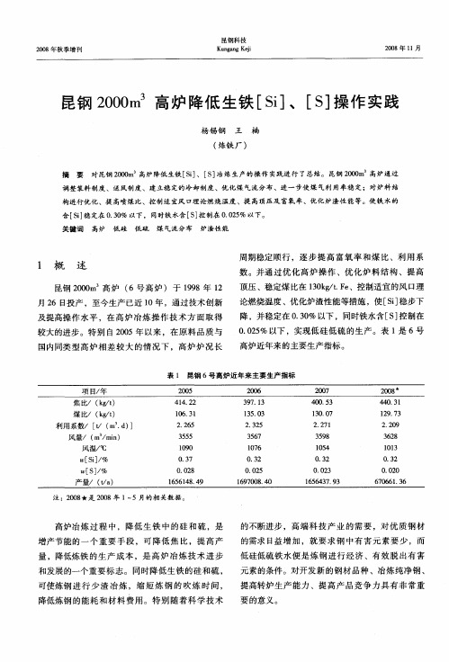 昆钢2000m 3高炉降低生铁[Si]、[S]操作实践
