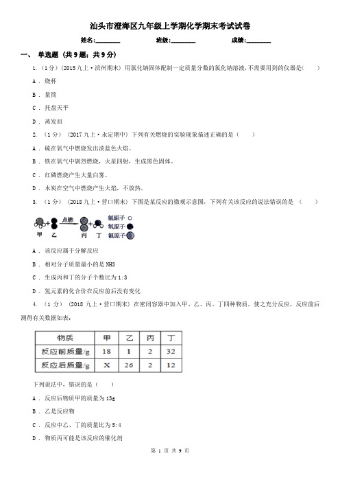 汕头市澄海区九年级上学期化学期末考试试卷