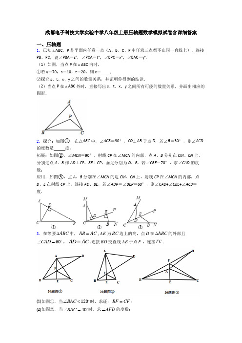 成都电子科技大学实验中学八年级上册压轴题数学模拟试卷含详细答案