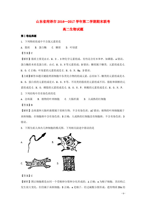 山东省菏泽市2016__17学年高二生物下学期期末联考试题(含解析)