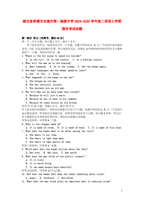 湖北省孝感市应城市第一高级中学2024_2025学年高二英语上学期期末考试试题